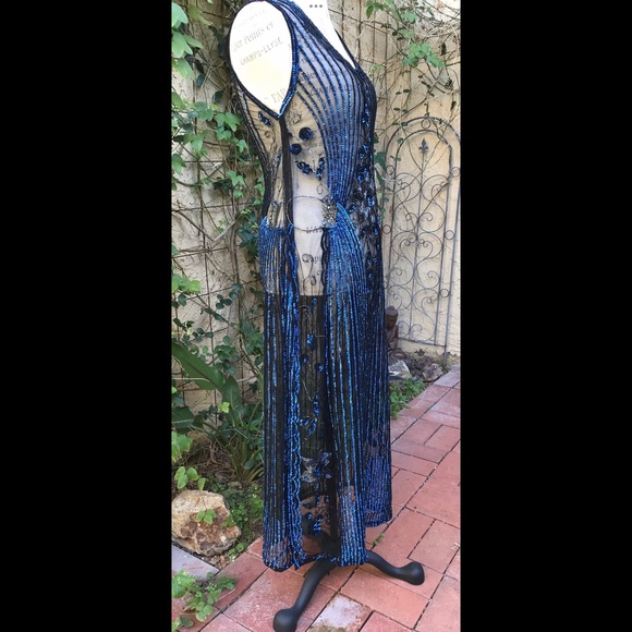 🎉HP🎉 European Flapper Dress 20’s Gatsby Mesh Sequins Sapphire Onyx Color… - Picture 6 of 12